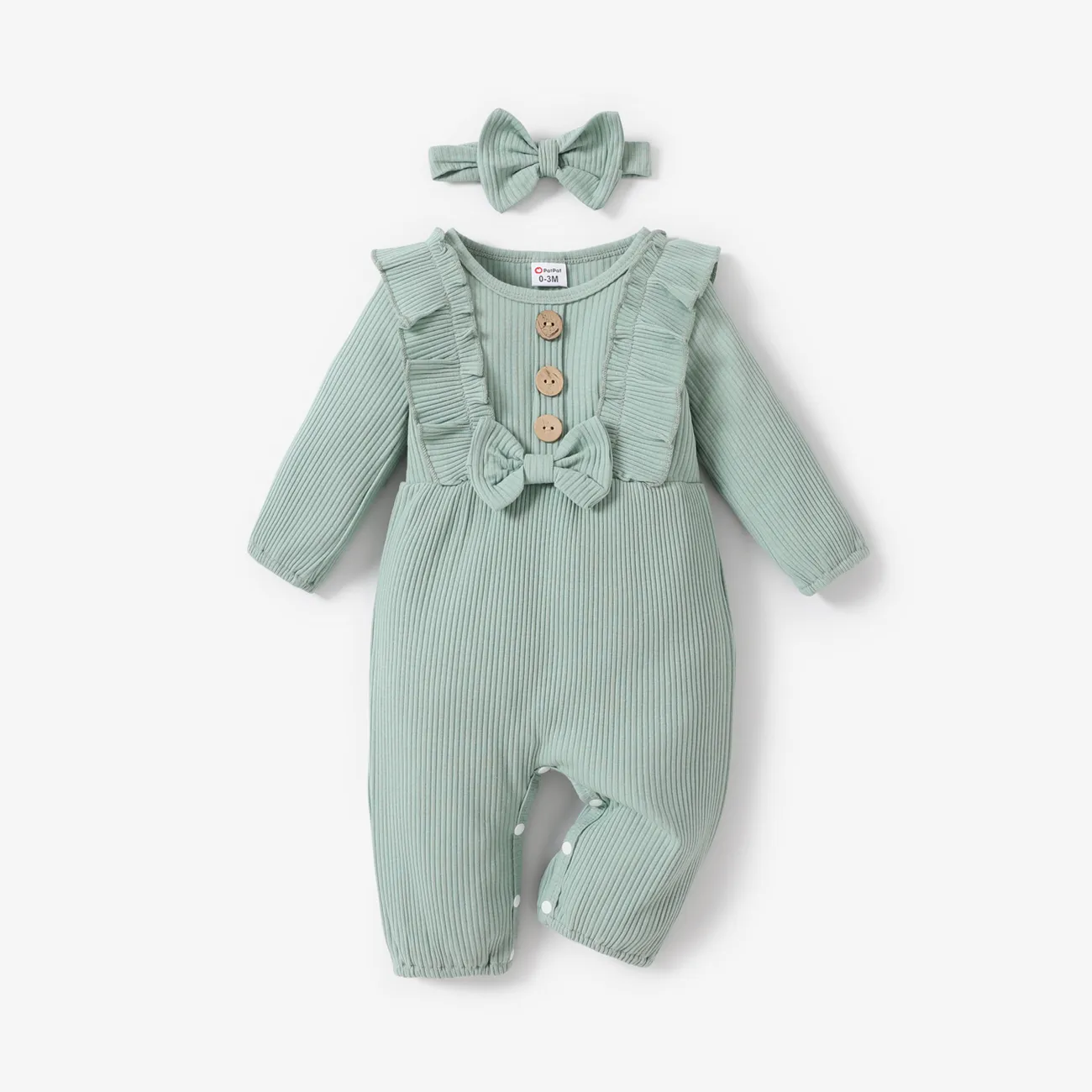2pcs Baby Girl 95% Cotton Ribbed Long-sleeve Ruffle Bowknot Button Jumpsuit with Headband Set Green big image 1