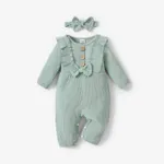 2pcs Baby Girl 95% Cotton Ribbed Long-sleeve Ruffle Bowknot Button Jumpsuit with Headband Set Green