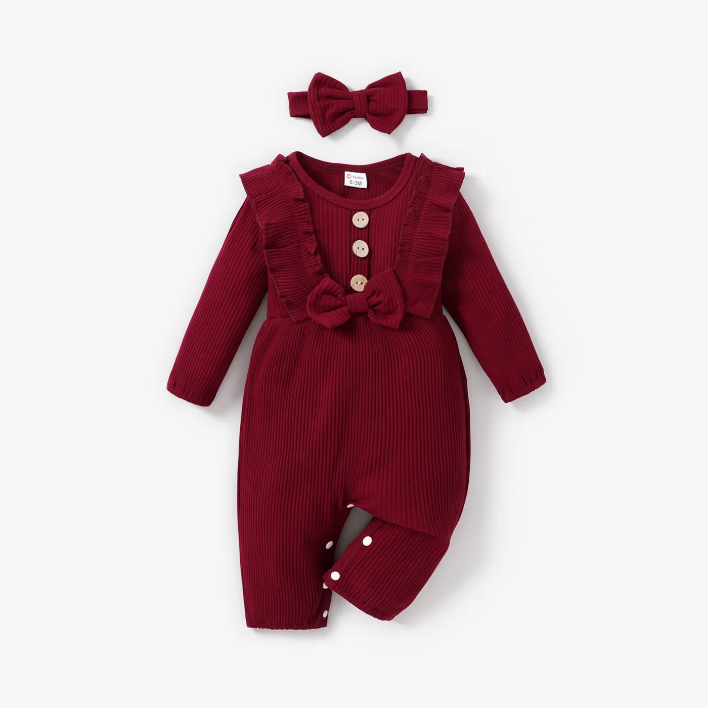 2pcs Baby Girl 95% Cotton Ribbed Long-sleeve Ruffle Bowknot Button Jumpsuit with Headband Set Burgundy