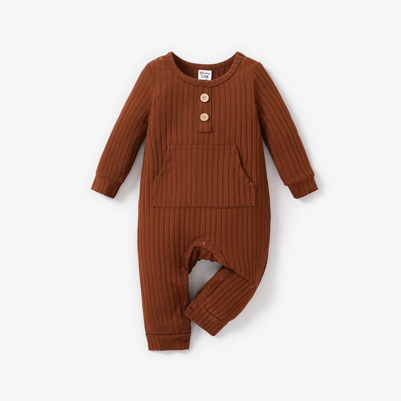 Baby Boy/Girl Solid Ribbed Long-sleeve Jumpsuit with Pocket Brown