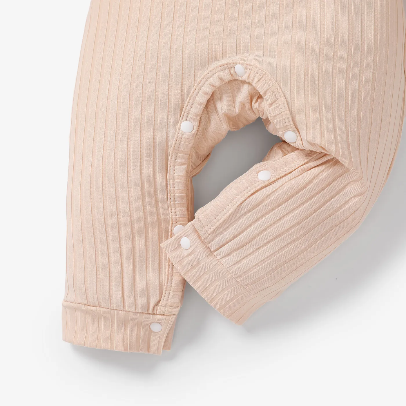 Baby Boy/Girl Solid Ribbed Long-sleeve Jumpsuit with Pocket Apricot image 5