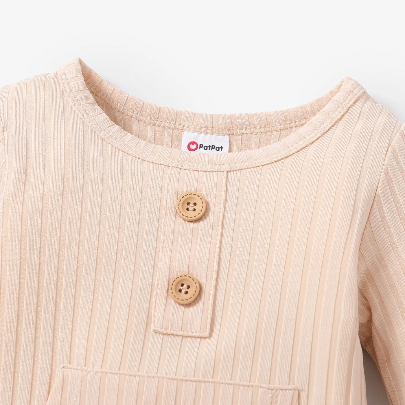 Baby Boy/Girl Solid Ribbed Long-sleeve Jumpsuit with Pocket Apricot image 3