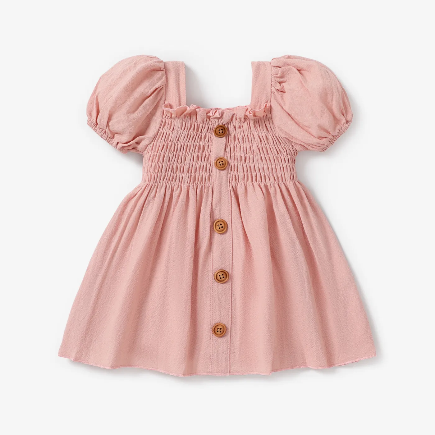 Baby Girl 100% Cotton Pink Square Neck Puff-sleeve Button Front Shirred Dress