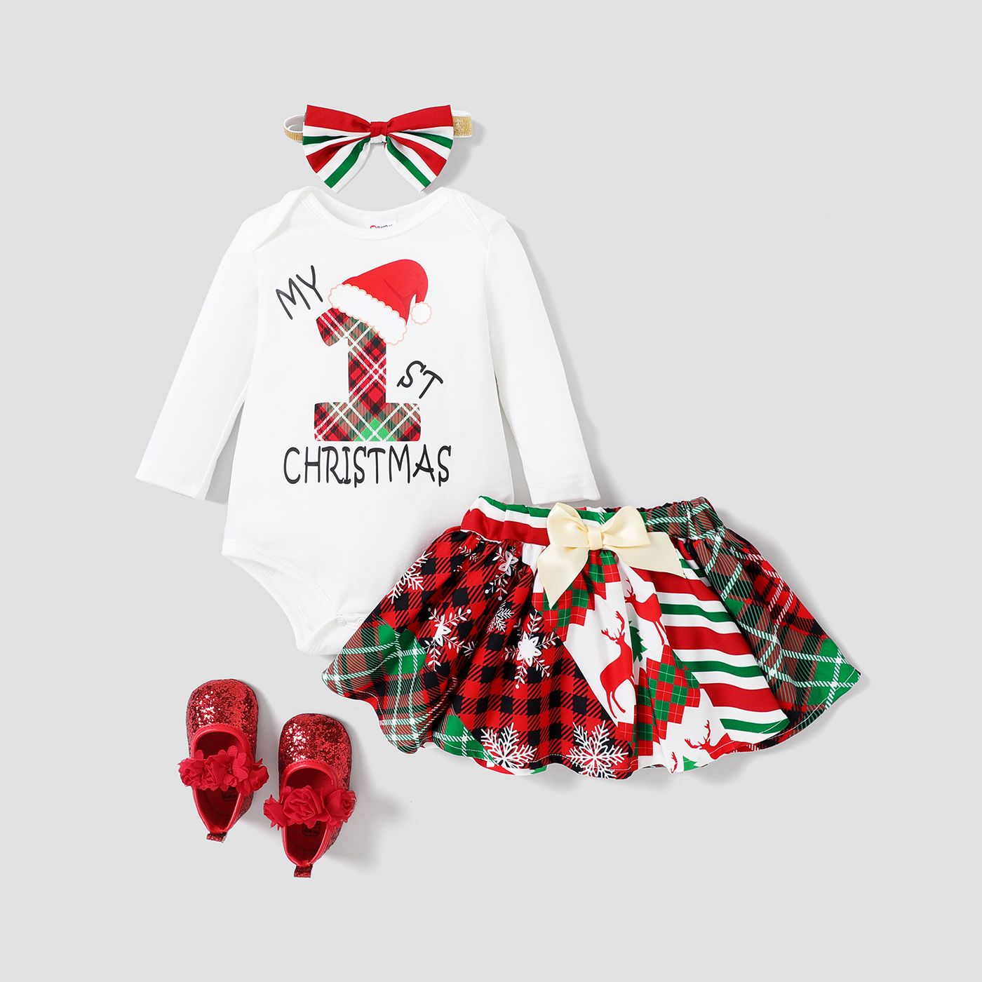 3PCS Baby Girls Christmas Sweet Hyper-Tactile Pattern Top/ Skirt/ Headband Set