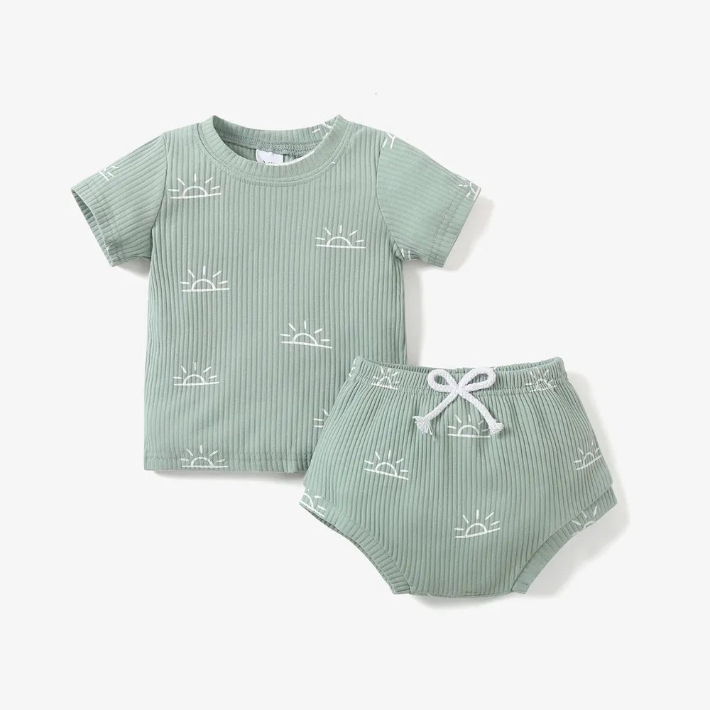 2pcs Baby Boy/Girl 95% Cotton Ribbed Short-sleeve All Over Sun Print Top and Shorts Set  big image 1
