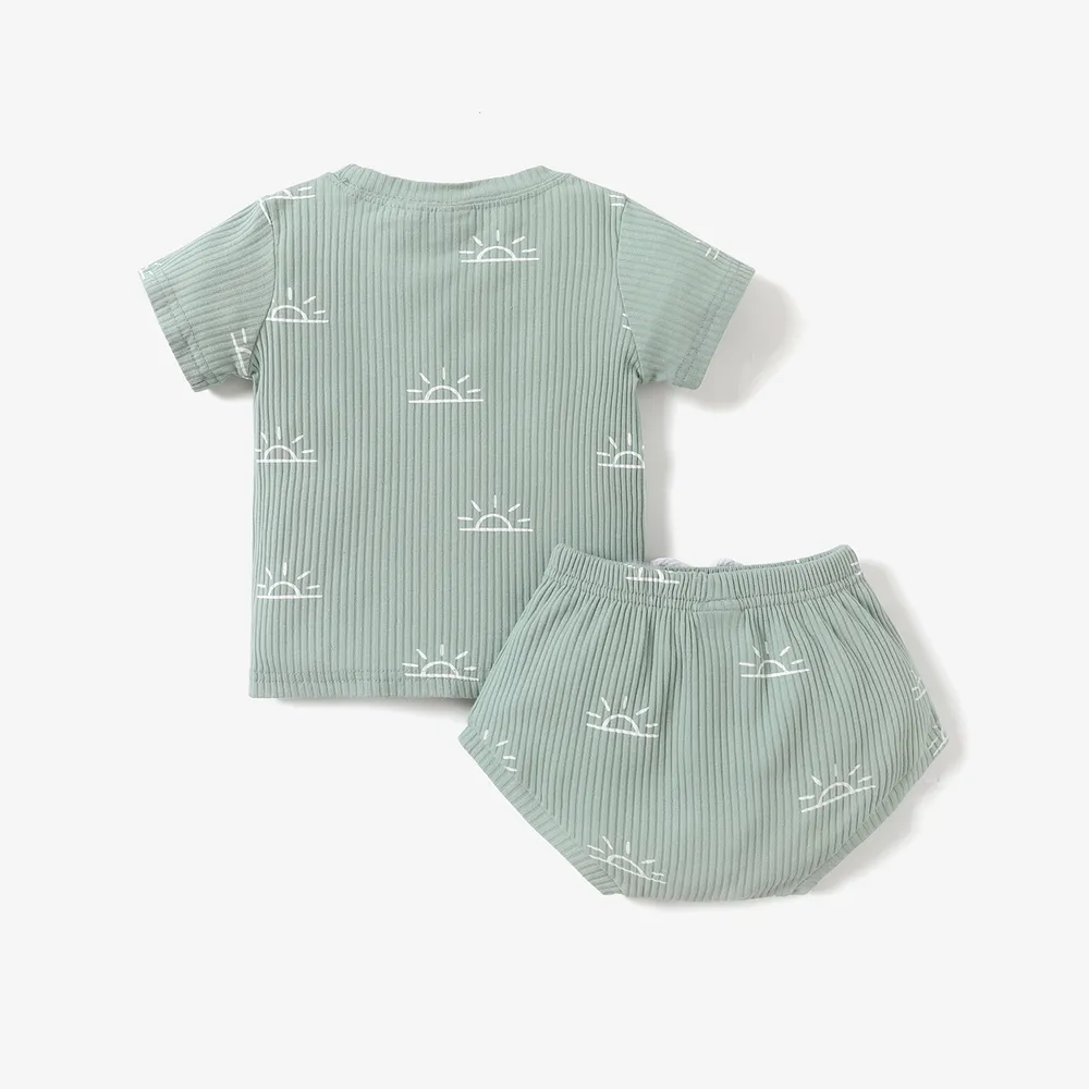2pcs Baby Boy/Girl 95% Cotton Ribbed Short-sleeve All Over Sun Print Top and Shorts Set  big image 2