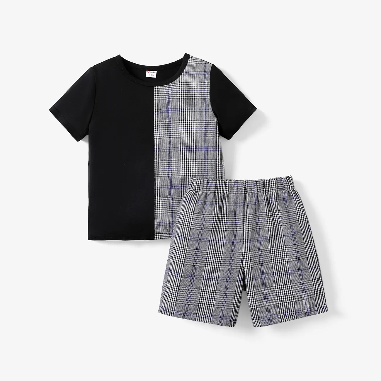 2-piece Kid Boy Plaid Colorblock Tee and Elasticized Shorts Casual Set Black big image 1