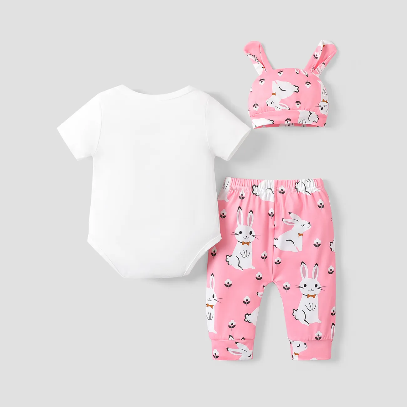 Easter 3pcs Baby Boy/Girl Letter Print Short-sleeve Romper and Cartoon Rabbit Print Pants with Hat Set Pink big image 1
