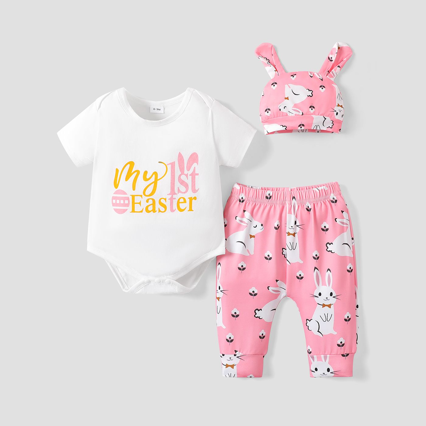 Easter 3pcs Baby Boy/Girl Letter Print Short-sleeve Romper and Cartoon Rabbit Print Pants with Hat S