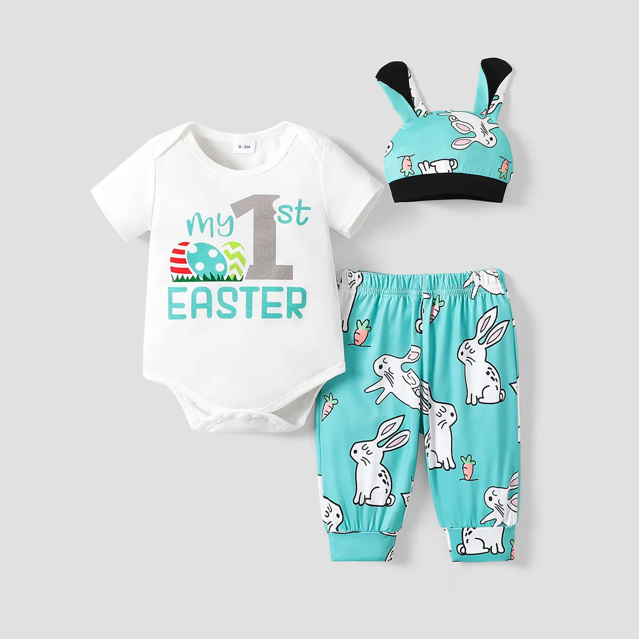 Easter 3pcs Baby Boy/Girl Letter Print Short-sleeve Romper and Cartoon Rabbit Print Pants with Hat Set Blue big image 1