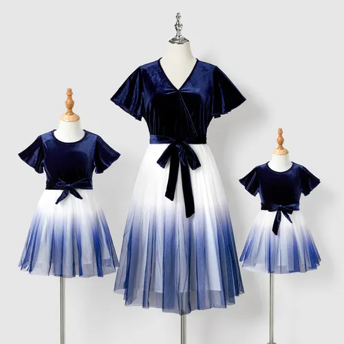 Mommy and Me Velet Splice Long-Sleeved Mesh Belted Dresses