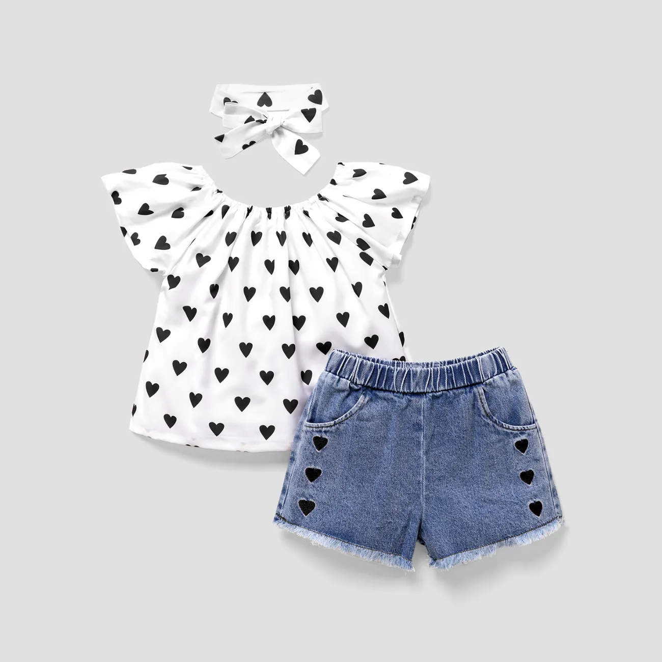 3pcs Toddler Girl Heart Print Short-sleeve Blouse and Denim Shorts & Headband Set big image 1
