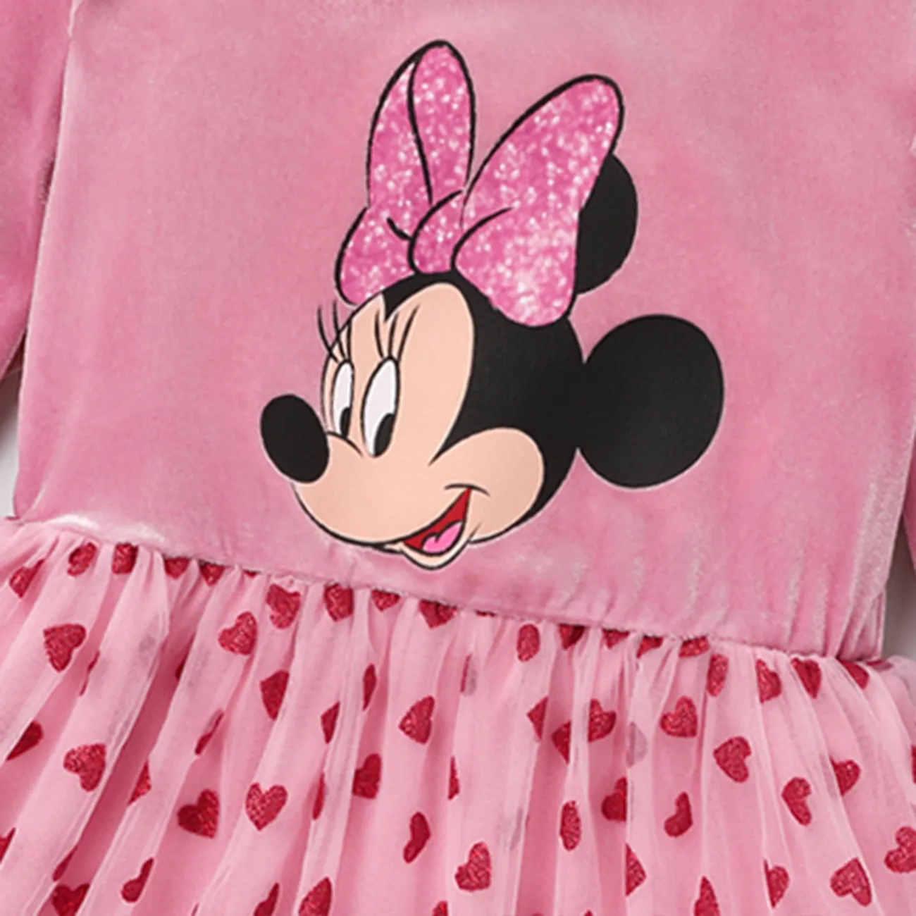 Disney Mickey and Friends Toddler Girl Heart print Flutter-sleeve Mesh Dress Pink big image 1