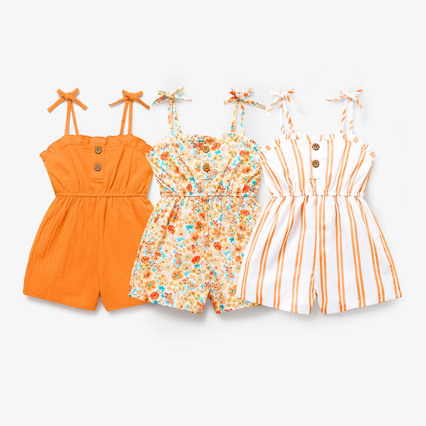 Toddler Girl Bowknot Design Stripe/Floral Print/Orange Cami Romper  image 2
