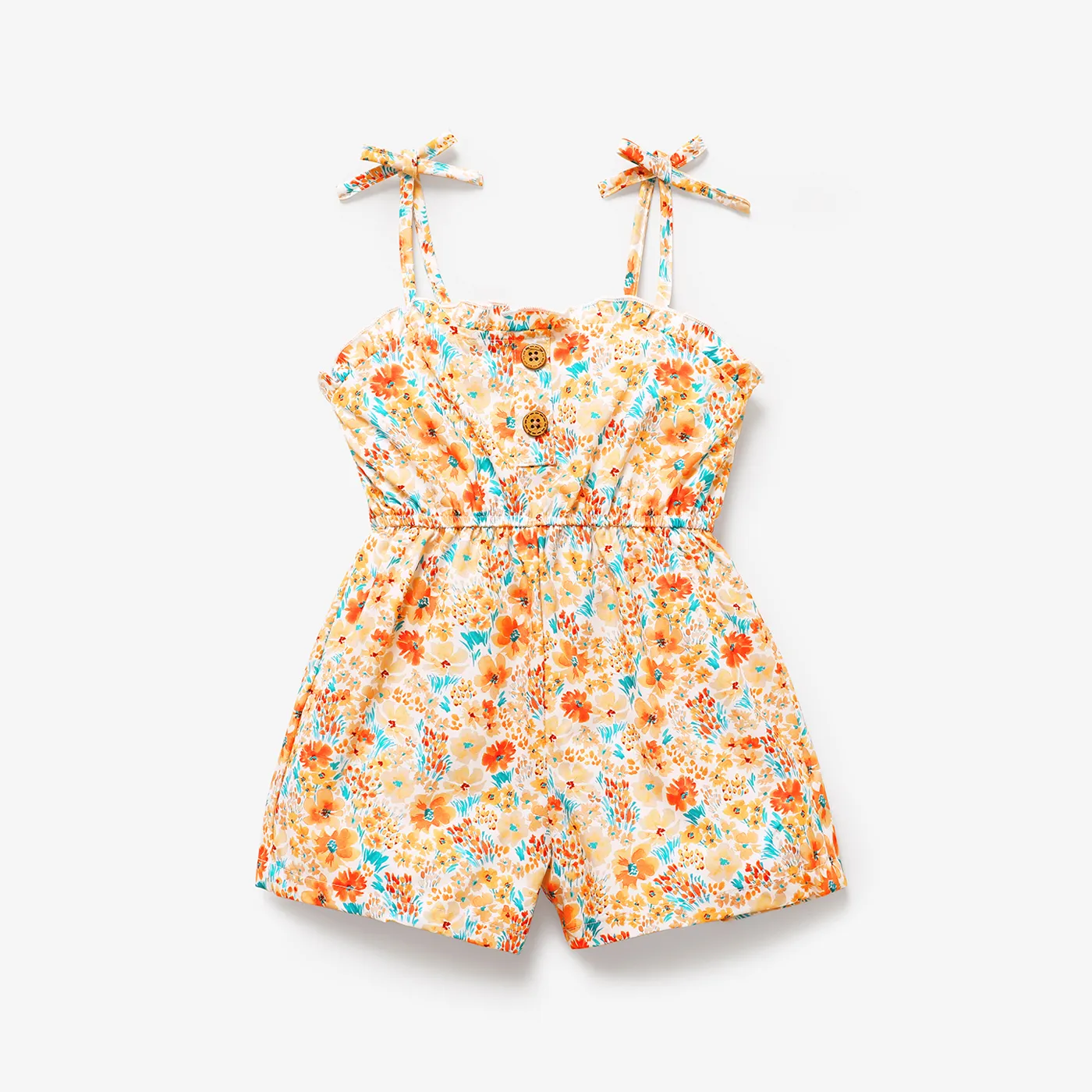 Toddler Girl Bowknot Design Stripe/Floral Print/Orange Cami Romper  big image 1