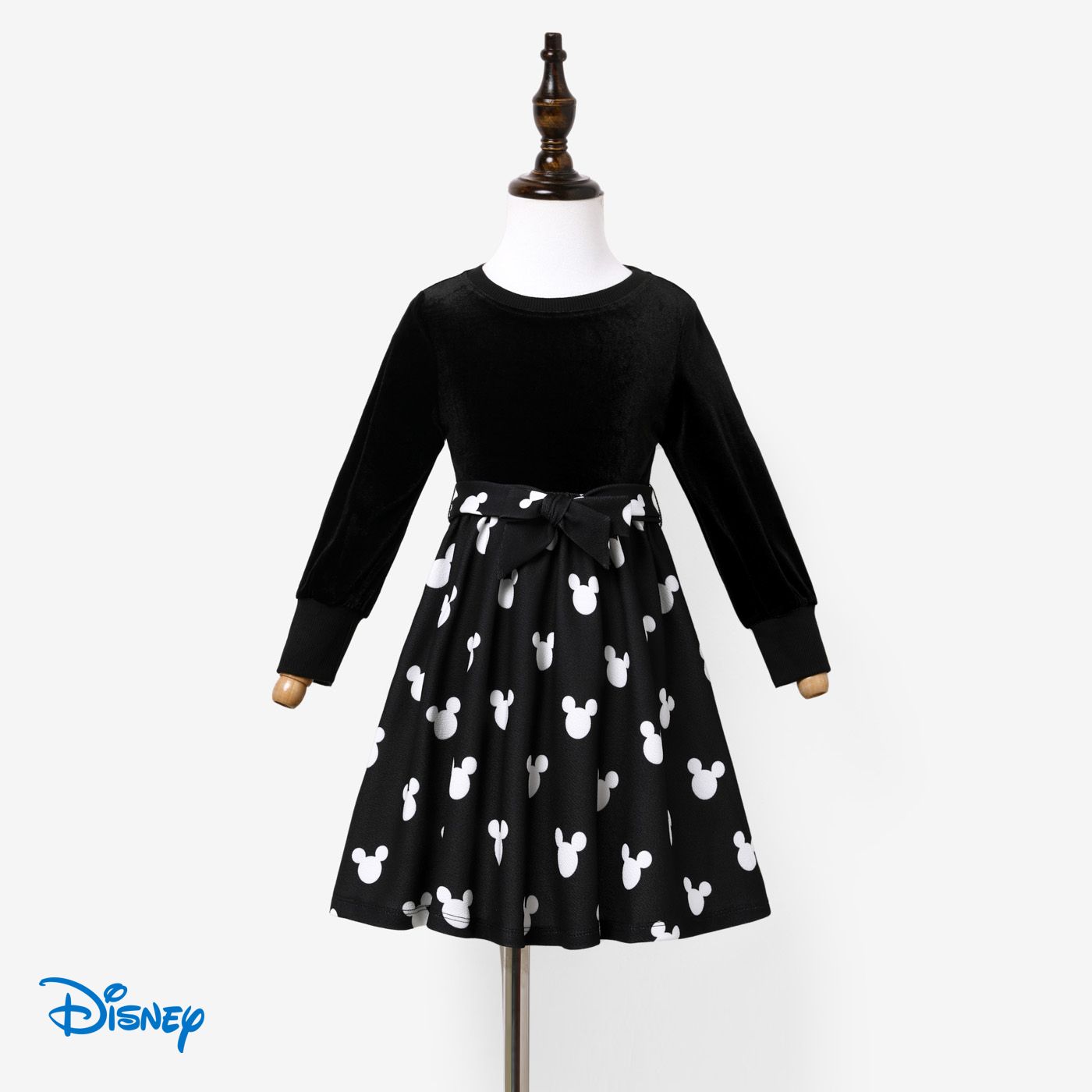 Disney Mickey And Friends Family Matching Character Print Long-sleeve Tops And Belted Dresses Sets
