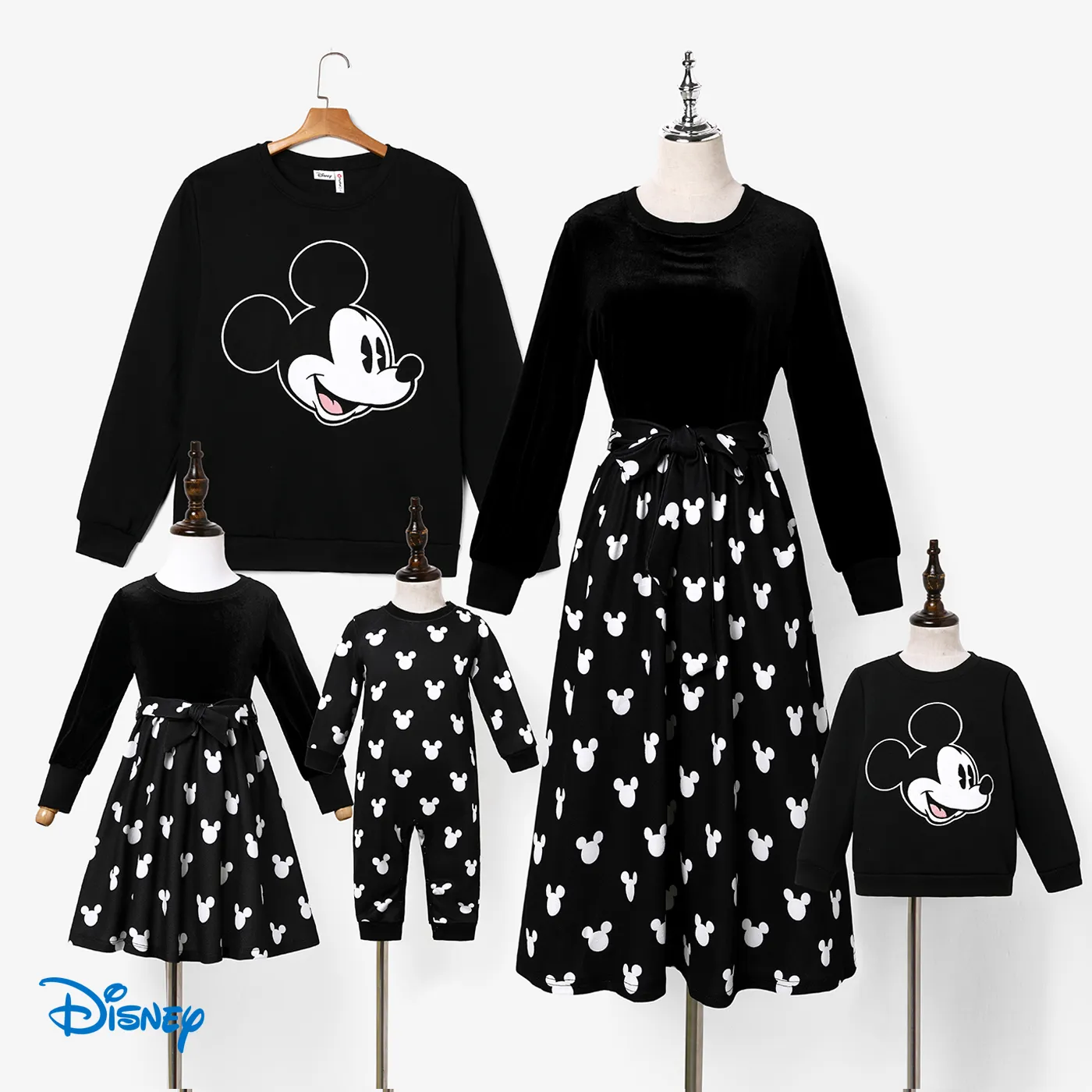 Disney Mickey and Friends Family Matching Character Print Long-sleeve Tops and Belted Dresses Sets