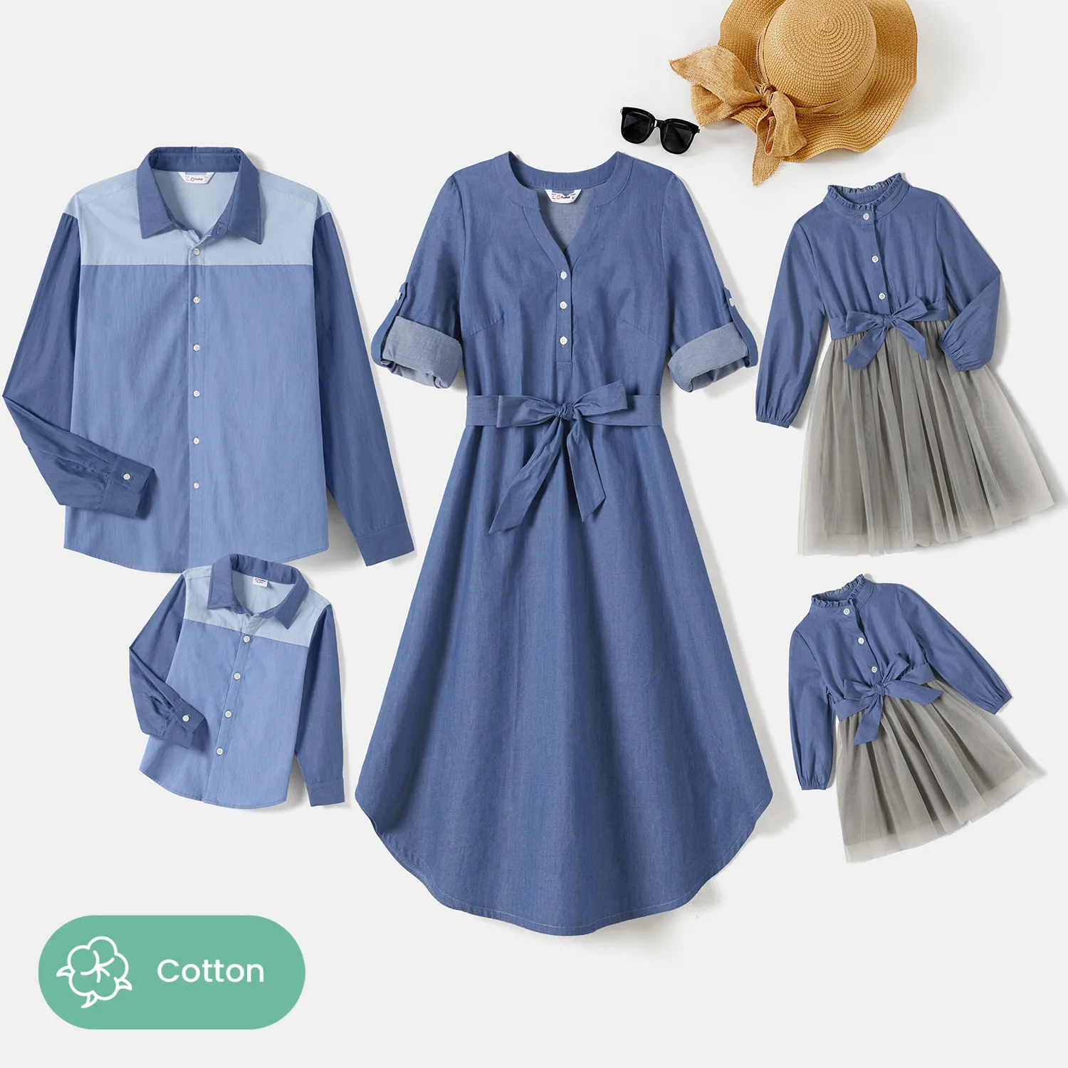 Family Matching Denim Belted High Low Hem Belted Dresses and Long-sleeve Tops Sets