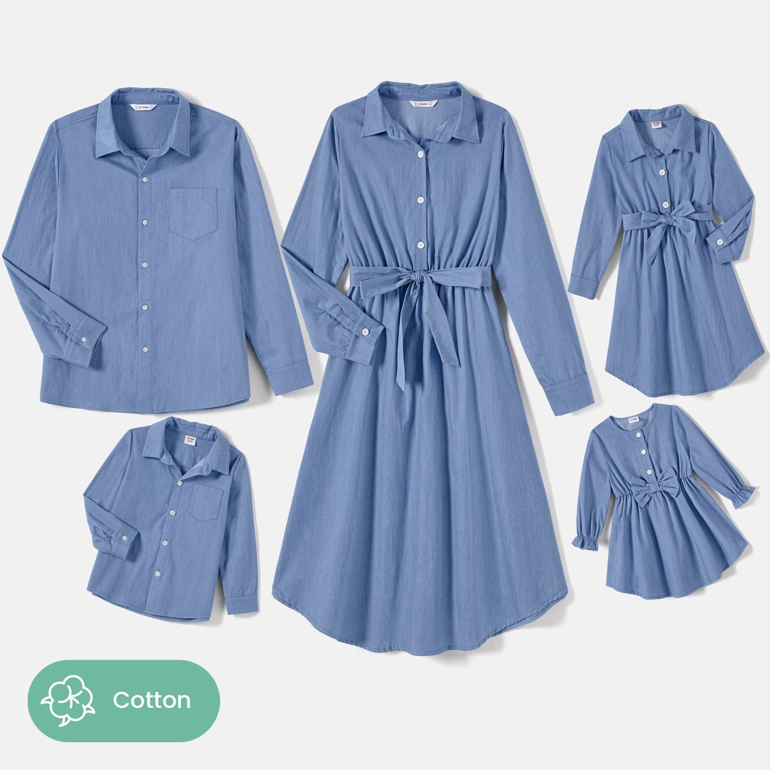 

Family Matching Denim Belted Dresses and Long-sleeve Shirt Sets