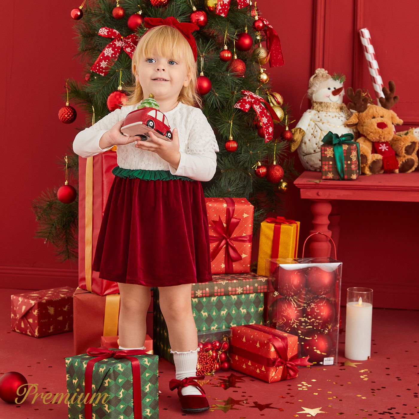 Baby Girl Christmas Elegant Solid Color Dress With Ruffle Edge