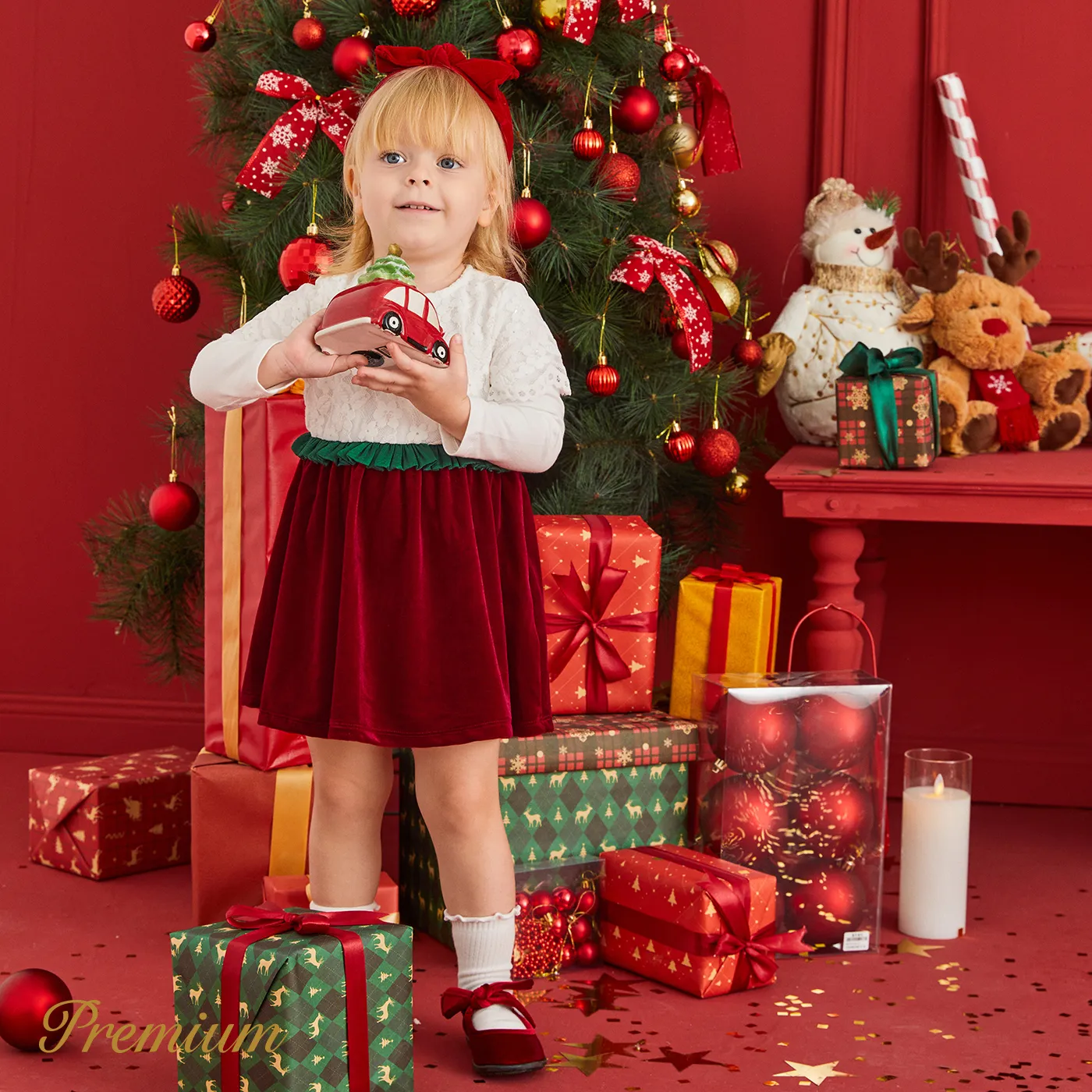 Baby Girl Christmas Elegant Solid Color Dress with Ruffle Edge