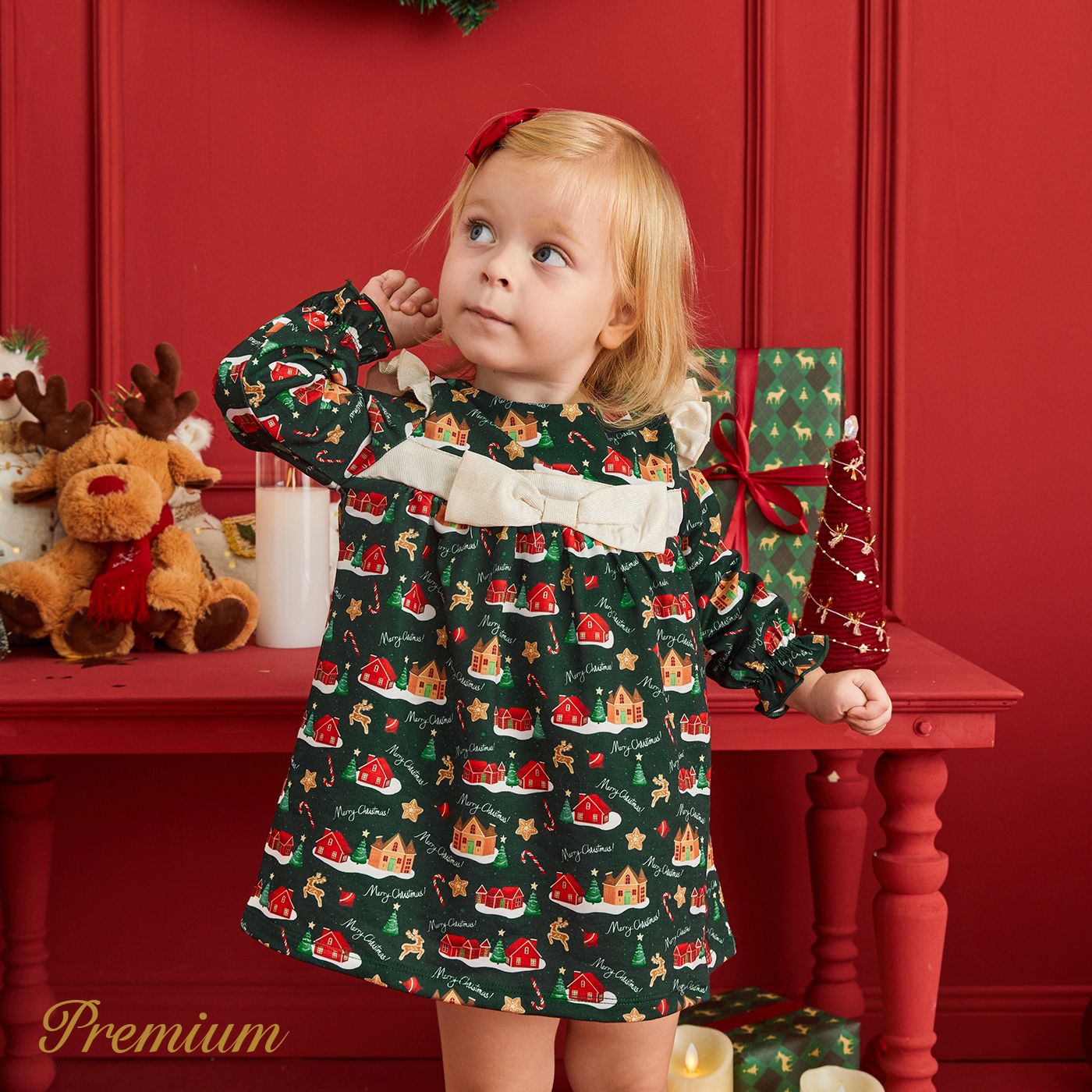 Baby Girl Christmas Long Sleeve Dress With Ruffle Edge