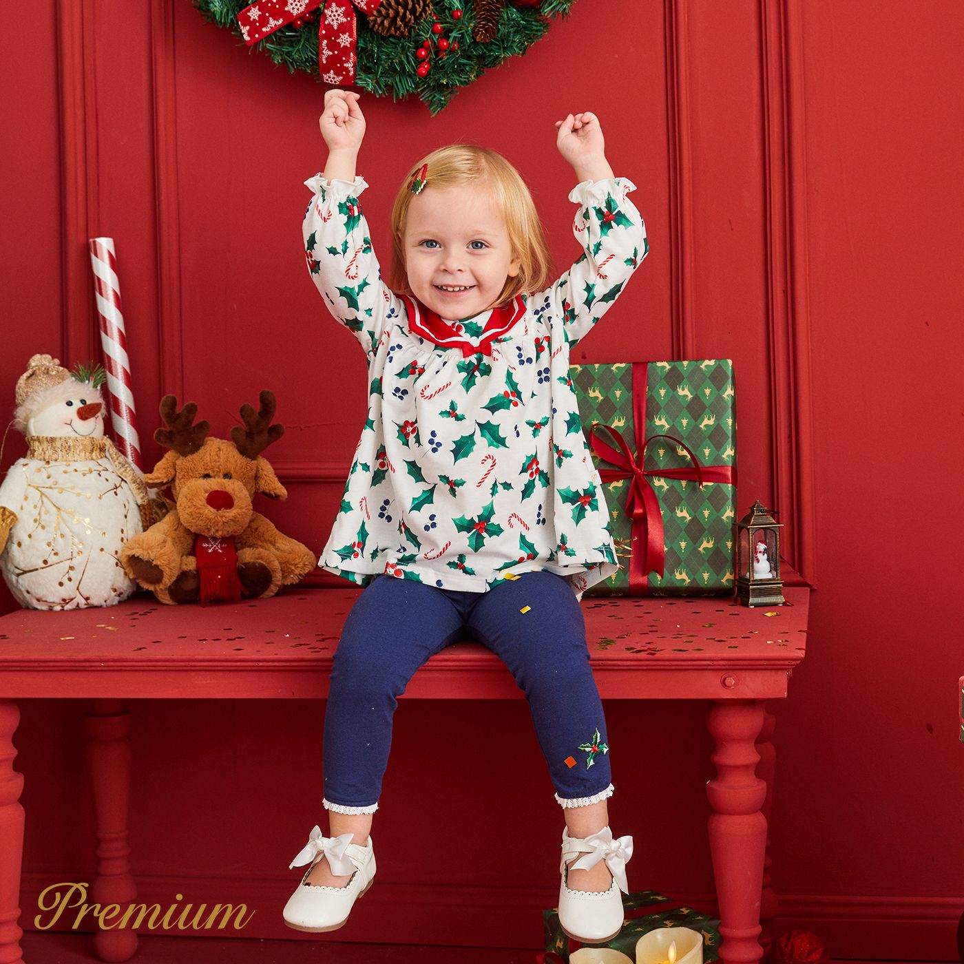 2pcs Baby Girl Christmas Elegant Set With Square-cut Collar