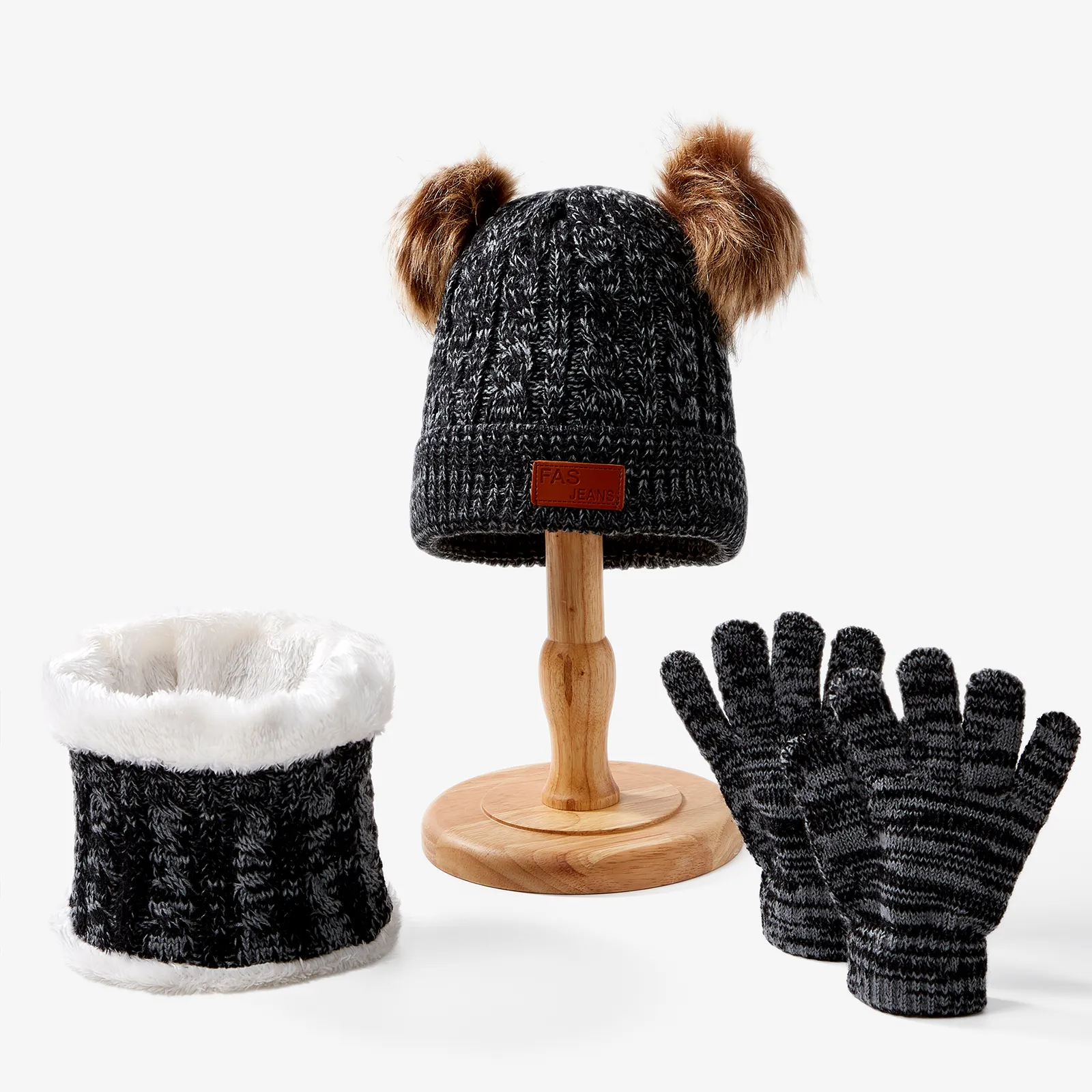 Baby/toddler Three-piece set of essential winter woolen hat, scarf and gloves to keep warm Black big image 1