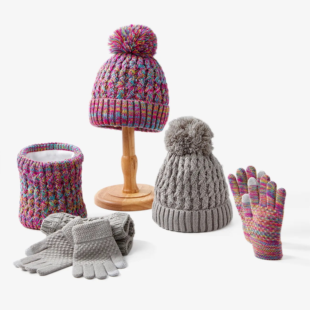 Conjunto de três peças quente e à prova de frio para bebês/crianças no inverno, chapéu de lã de malha, lenço no pescoço e luvas Multicolorido big image 1