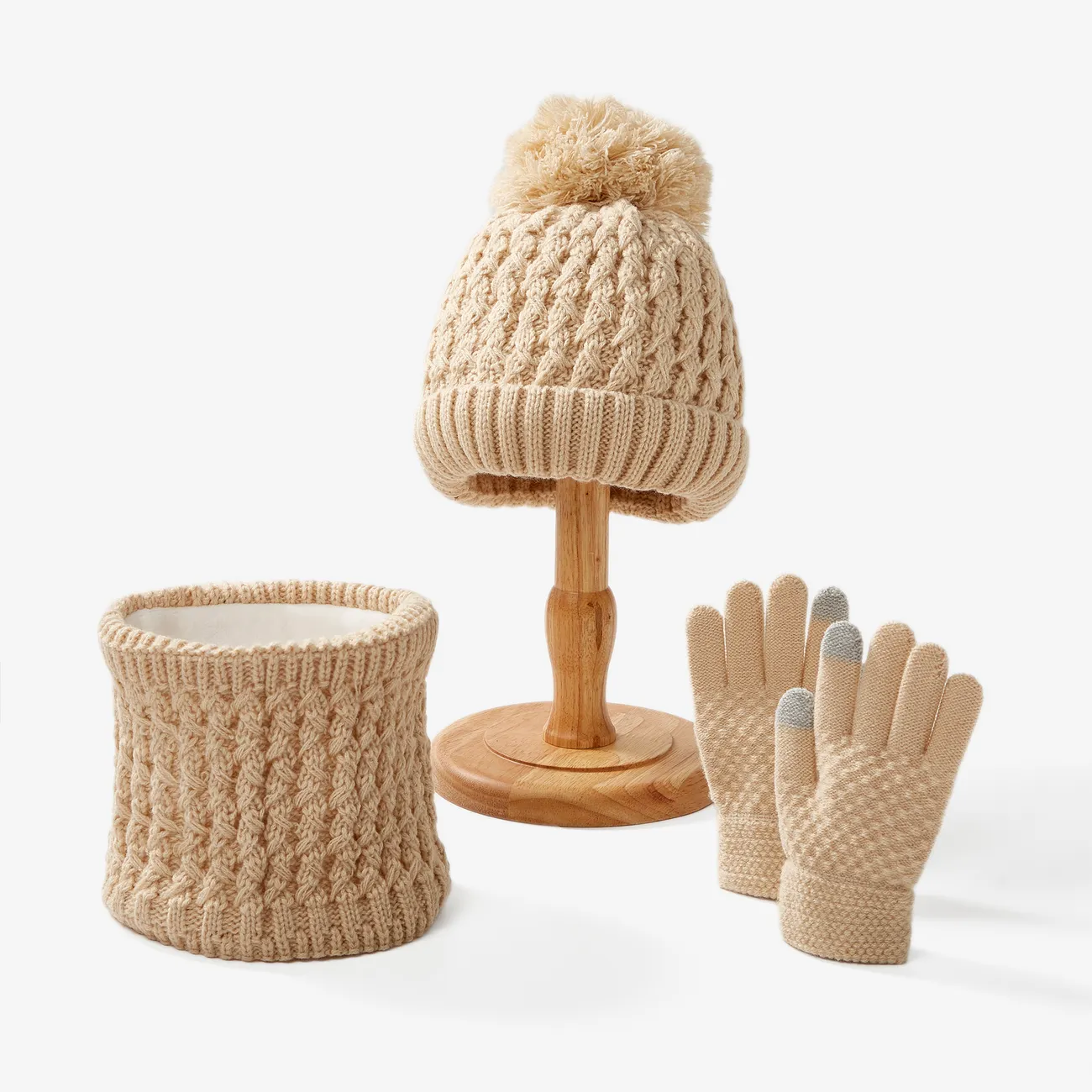 Ensemble trois pièces chaud et résistant au froid pour bébé/tout-petit, chapeau de laine tricoté, foulard et gants Beige big image 1