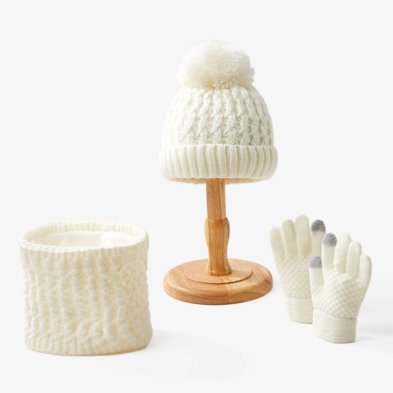 Ensemble trois pièces chaud et résistant au froid pour bébé/tout-petit, chapeau de laine tricoté, foulard et gants Blanc big image 1