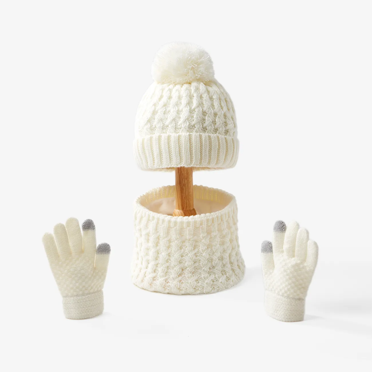 Ensemble trois pièces chaud et résistant au froid pour bébé/tout-petit, chapeau de laine tricoté, foulard et gants Blanc big image 1