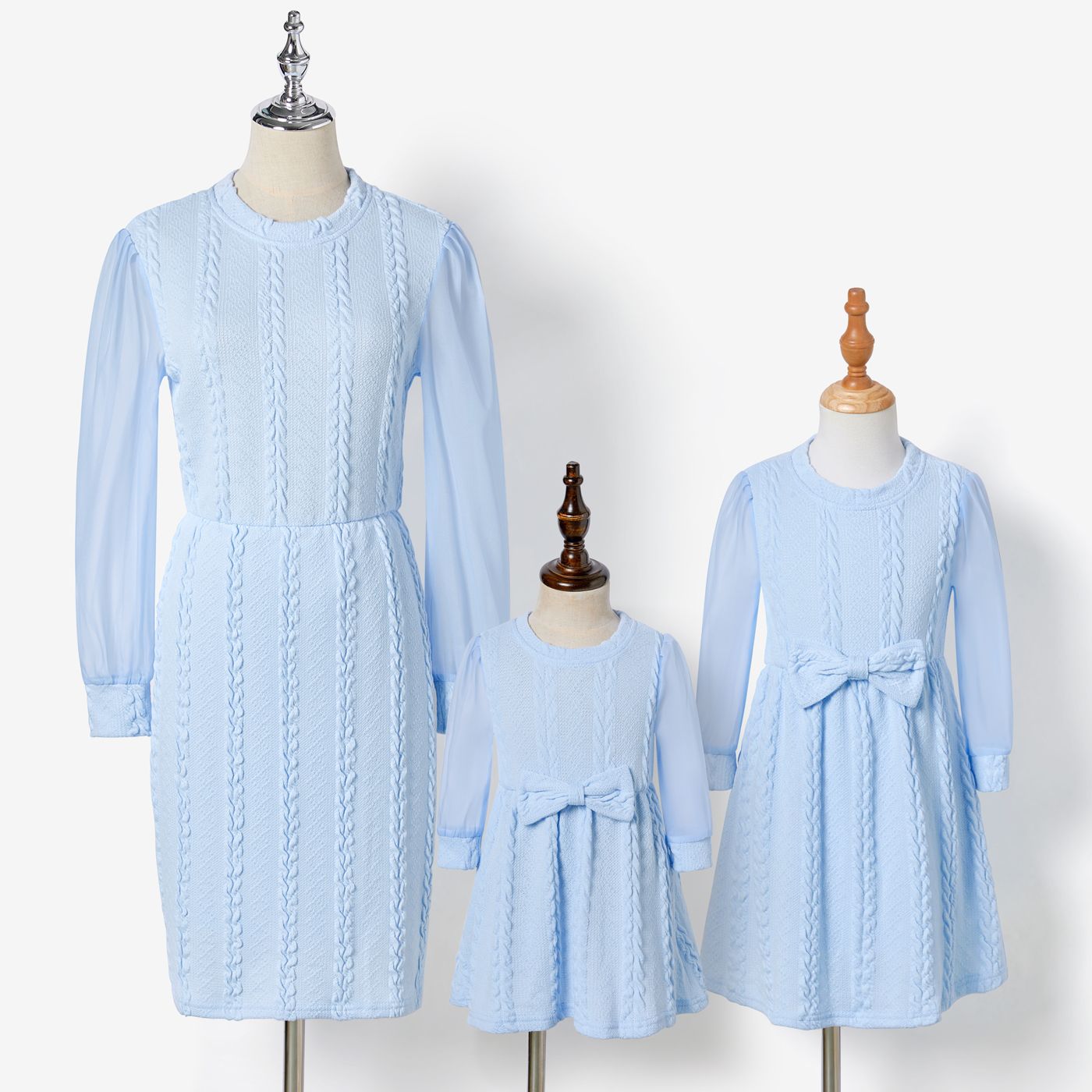 Mommy And Me Elegant Solid Color Mesh Stitching Long-sleeve Dresses