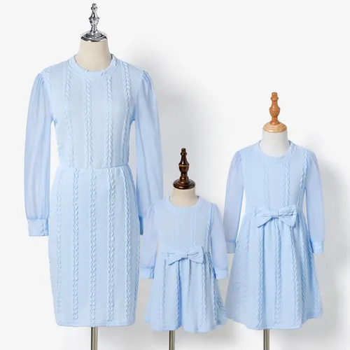 Mommy and Me Elegant Solid Color Mesh Stitching Long-sleeve Dresses