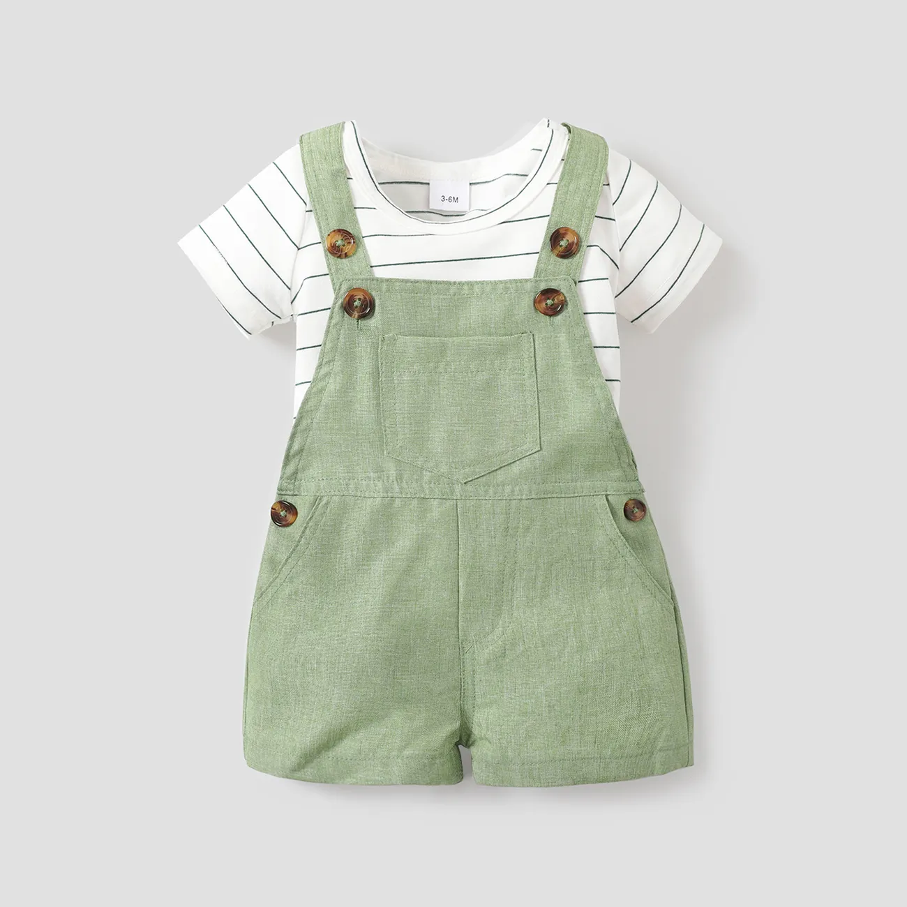 2pcs Stripe Print Pocket Decor Short-sleeve Baby Set Green big image 1