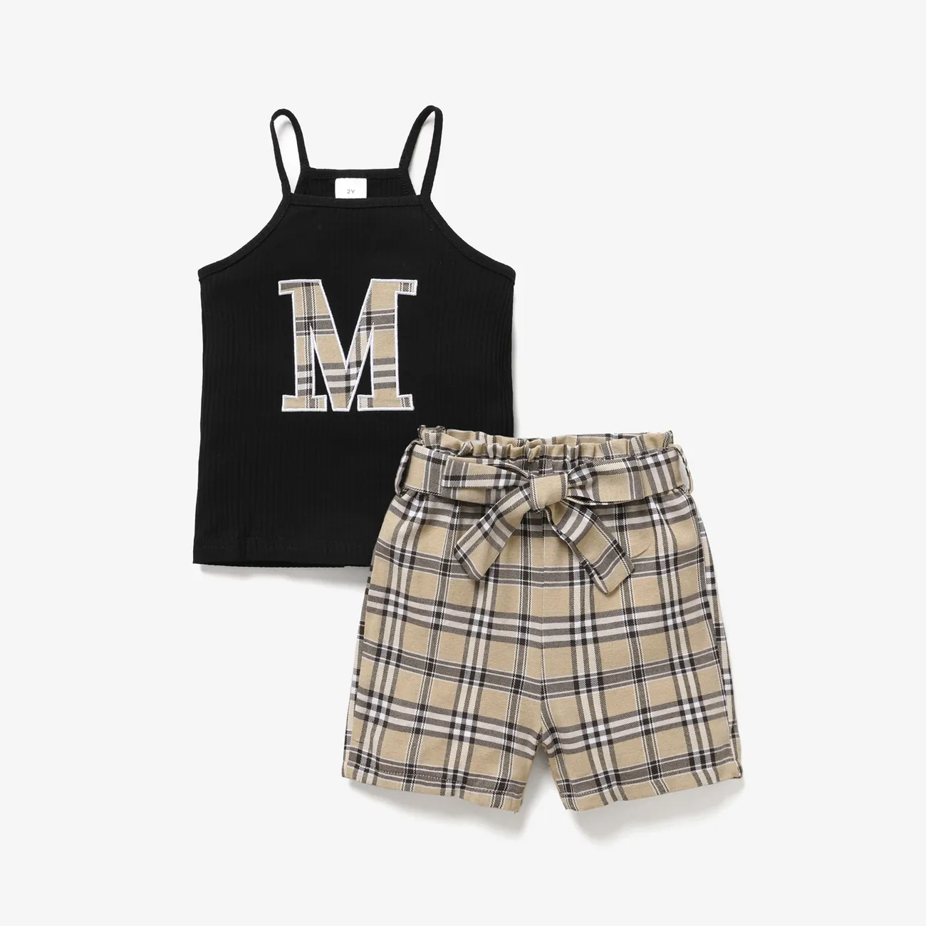 2pcs Toddler Girl Trendy Letter Embroidered Camisole and Plaid Belted Shorts Set big image 1