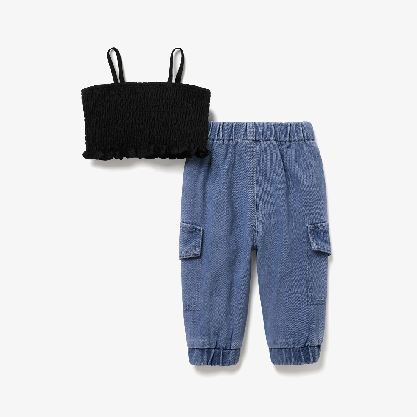 2pcs Baby Girl Smocked Solid Slip Top and Pocket Ribbed Pants Set Blue image 2
