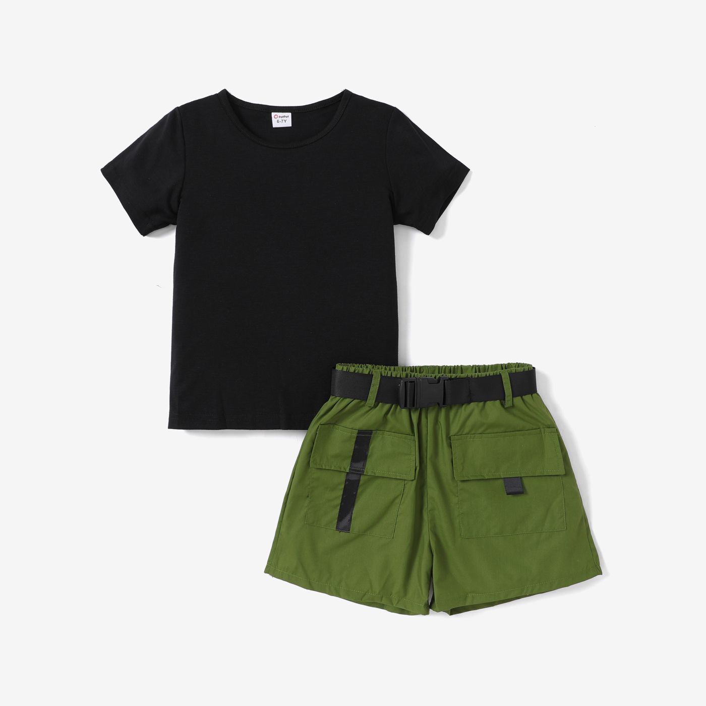 2pcs kid girl short-sleeve tee and pocket design belted shorts set