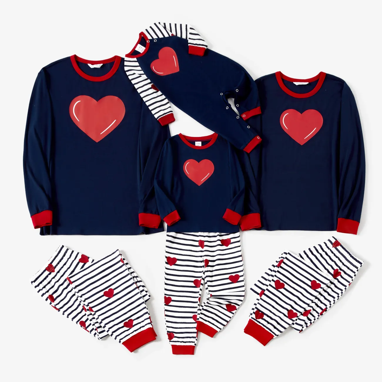 Valentine's Day Family Matching Love Pattern Stripe Print Long-sleeve Pajamas Sets(Flame resistant) Tibetan blue big image 1