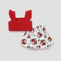 2-قطعة طفلة صغيرة منزعج تصميم زر بروتيل أحمر ومجموعة تنورة ورقية مطبوعة الأزهار  image 2
