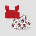 2-قطعة طفلة صغيرة منزعج تصميم زر بروتيل أحمر ومجموعة تنورة ورقية مطبوعة الأزهار  image 1