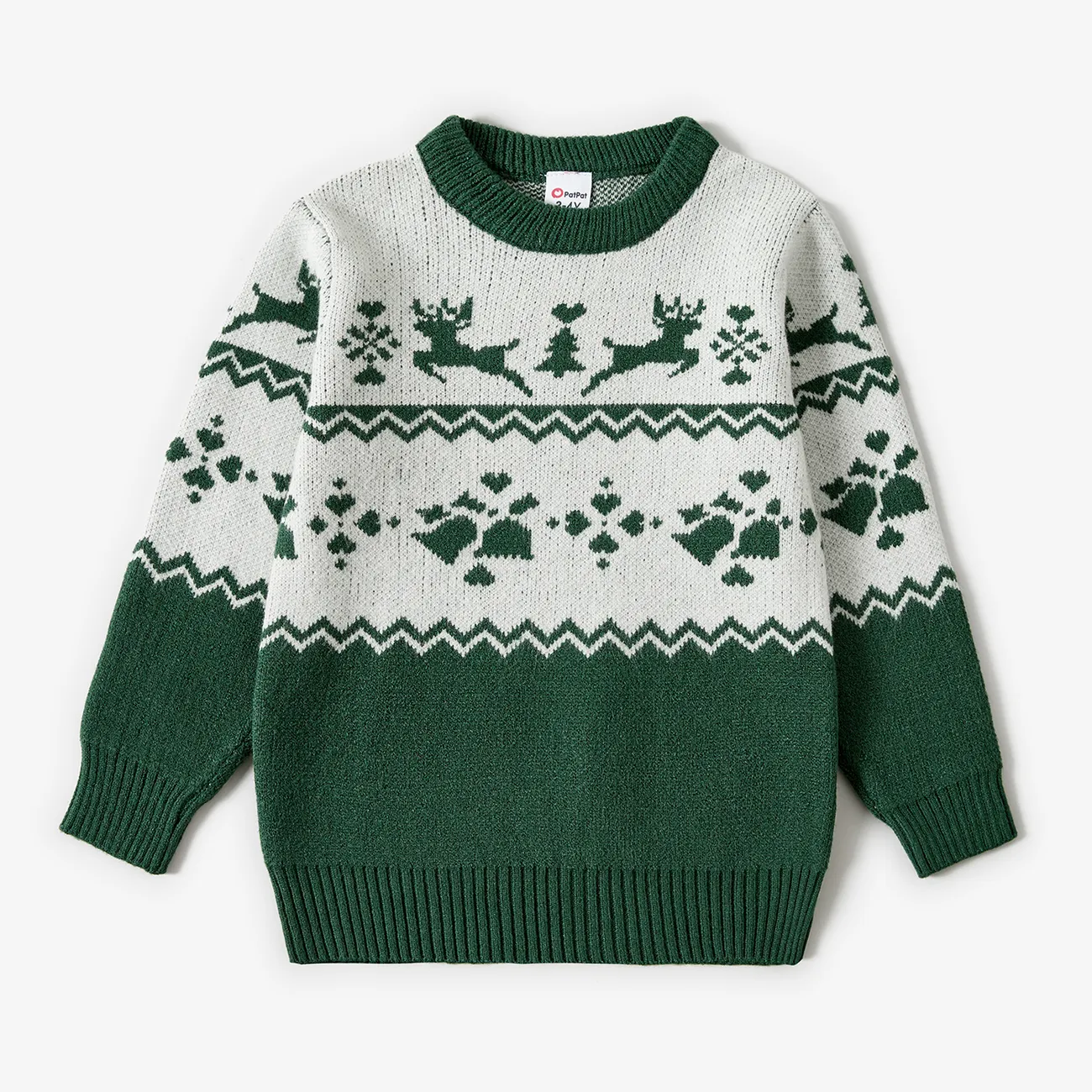 Christmas Family Matching Green Reindeer Print Long-sleeve Knitted Tops  big image 1