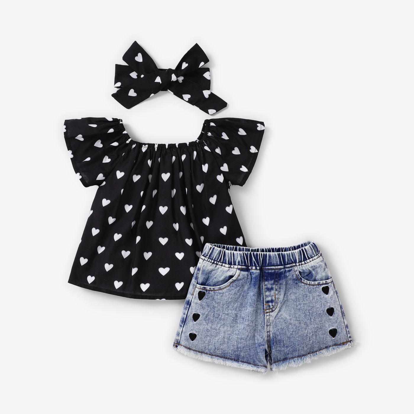 3pcs Toddler Girl Heart Print Off Shoulder Blouse and Denim Shorts & Headband Set