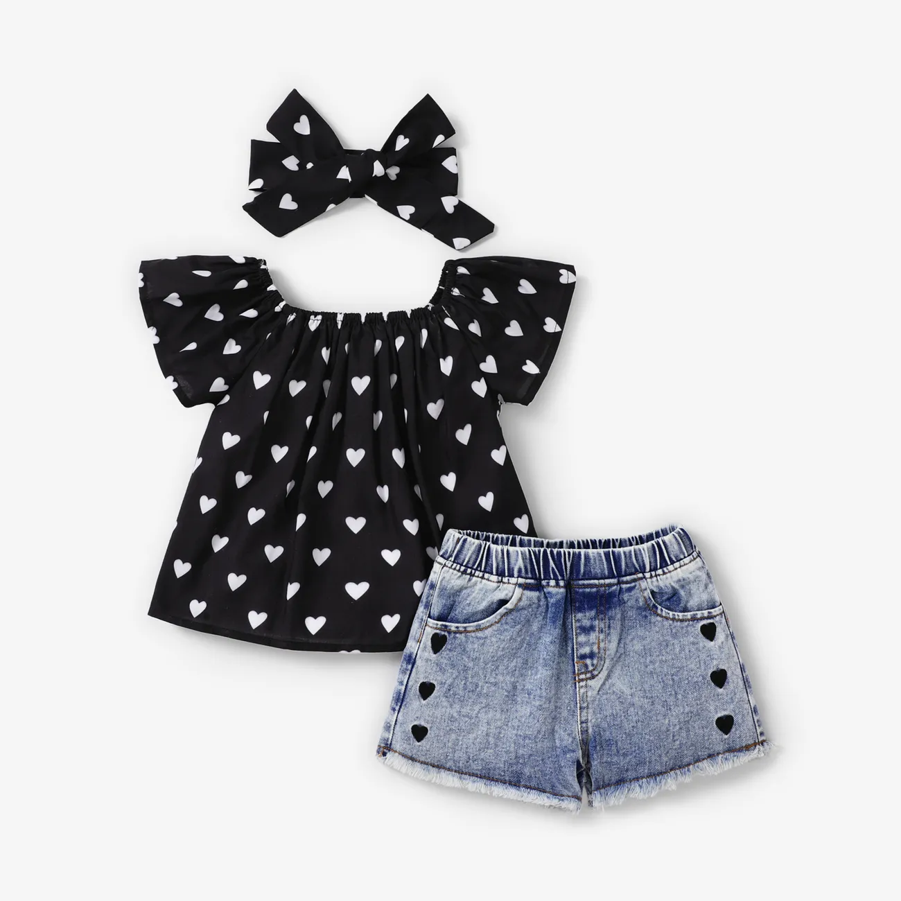 3pcs Toddler Girl Heart Print Off Shoulder Blouse and Denim Shorts & Headband Set Black big image 1