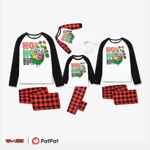 Tom and Jerry Family Matching Christmas Graphic Top and Letter Allover Pants Pajamas Sets(Flame Resistant)