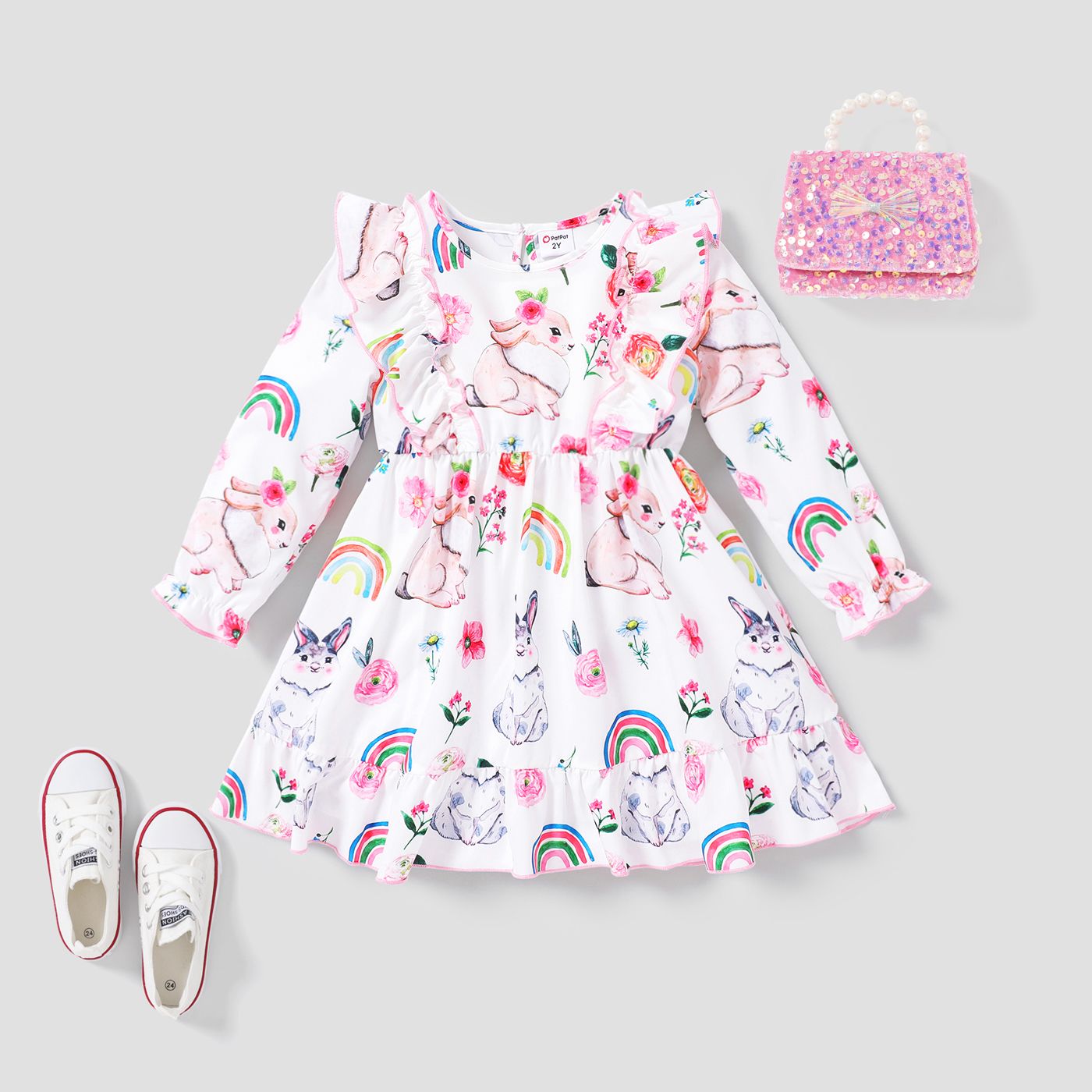 Toddler Girl Sweet Rabbit Ruffle Edge Dress
