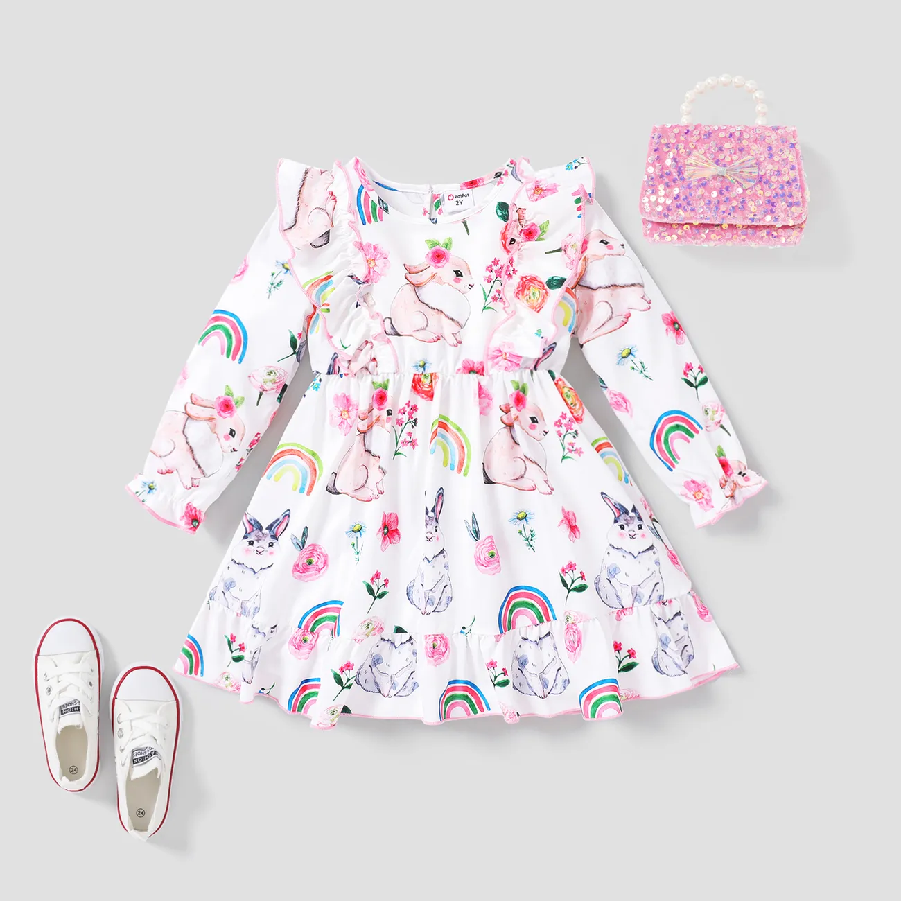 Toddler Girl Sweet Rabbit Ruffle Edge Dress  Pink big image 1