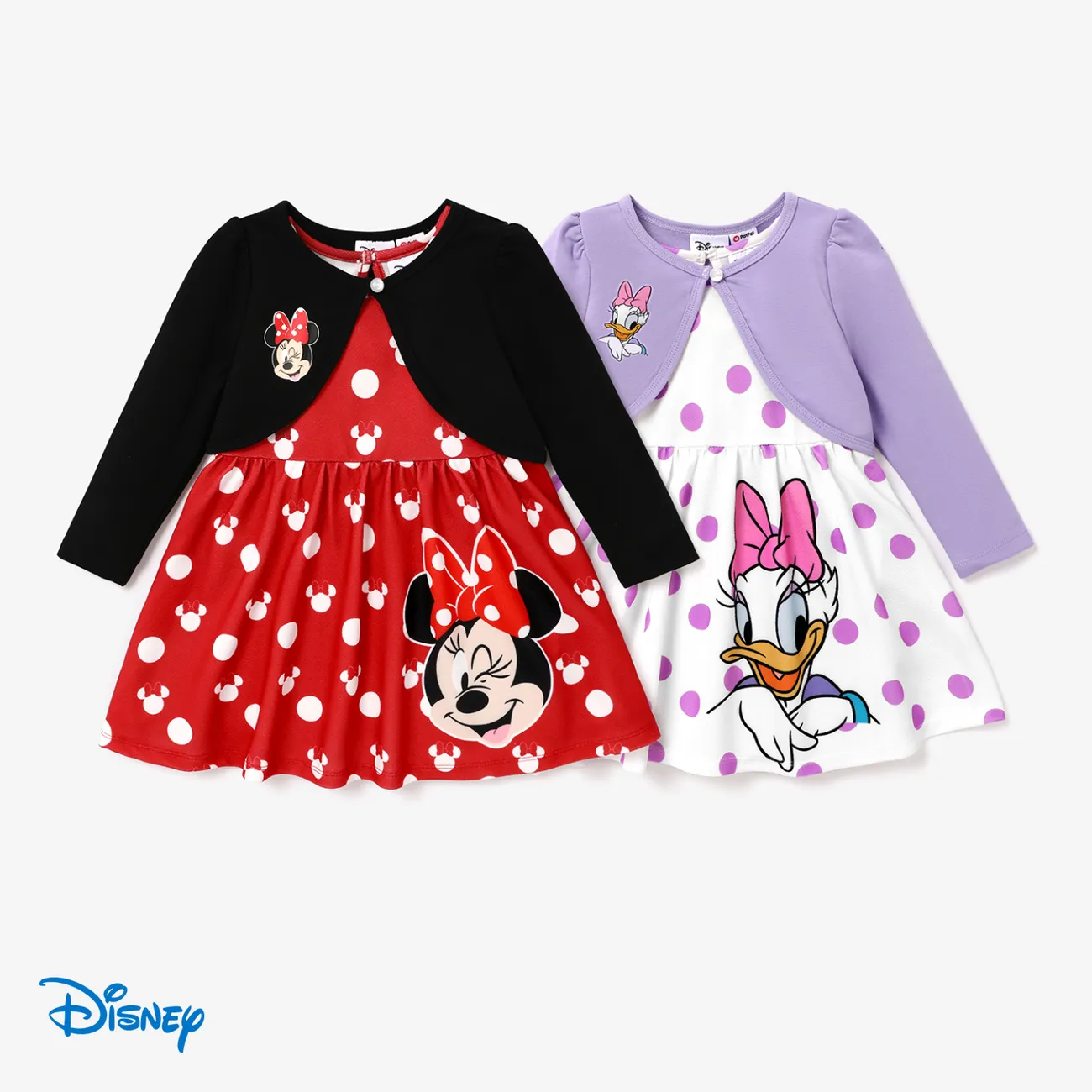 Disney Mickey and Friends Toddler Girl Character Print Long-sleeve Cardigan and Polka Dots Sleeveless Dresses Sets Purple big image 1
