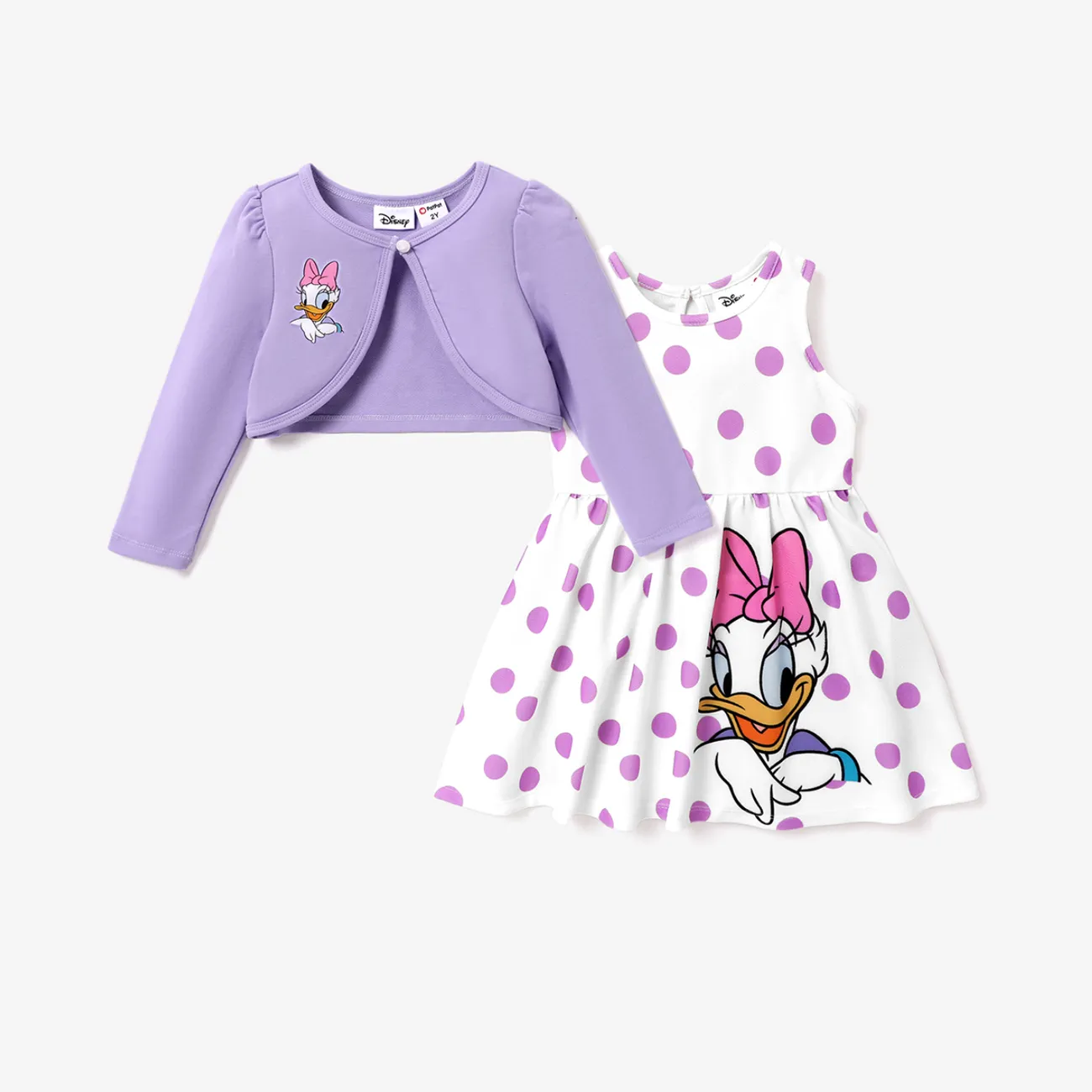 Disney Mickey and Friends Toddler Girl Character Print Long-sleeve Cardigan and Polka Dots Sleeveless Dresses Sets Purple big image 1