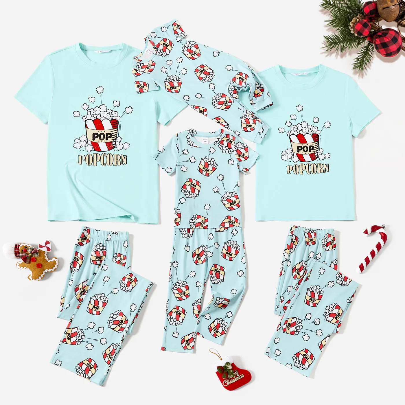 Christmas Family Matching Popcorn Print Short-sleeve Cotton Pajamas Sets(Flame resistant)
